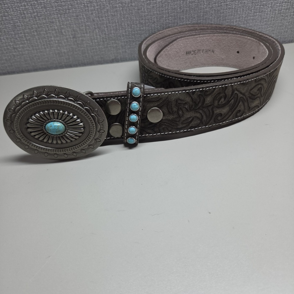 Angel Ranch Western Belt  Tooled Leather Silver Tone Buckle Turquoise Womens XL